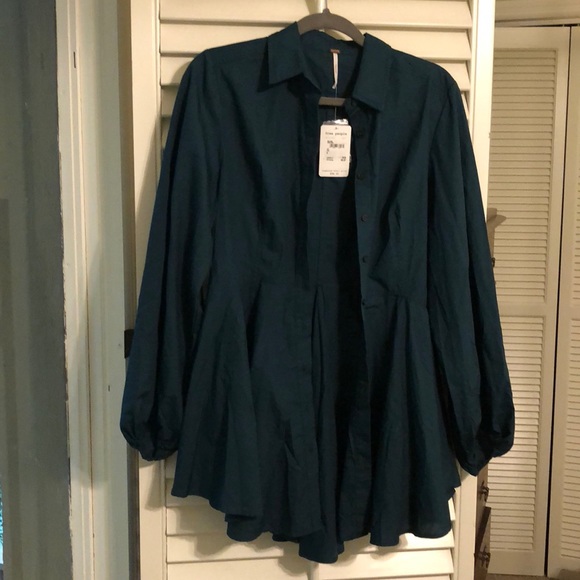 NWT. Free People Button Down. Sm. Dark Teal/Green - Picture 3 of 8